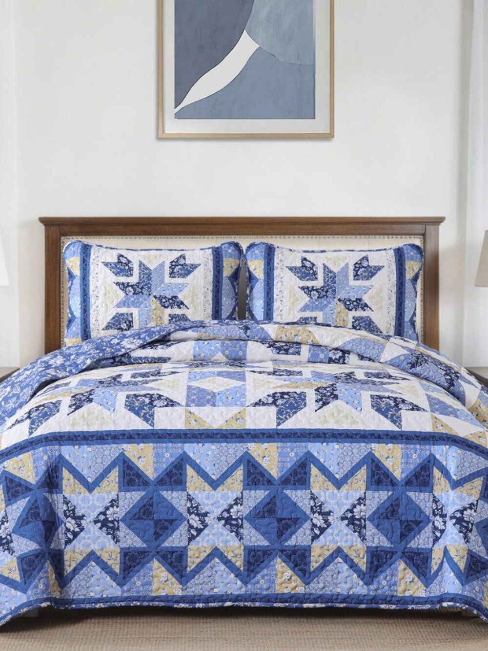 Patchwork Quilts Queen Size,Reversible Blue Floral Quilt Bedding Set